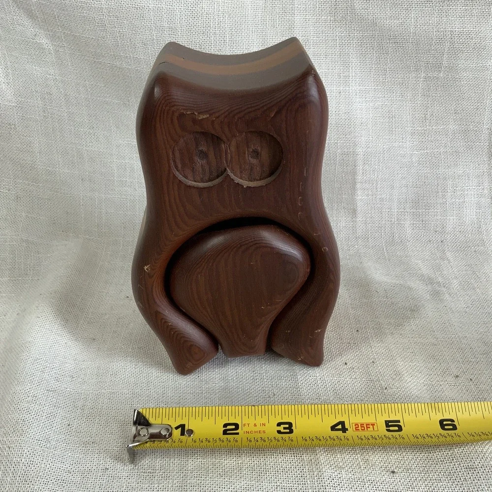 Vintage Hand Carved Redwood‎ Owl Figurine Sliding Drawer Trinket Box 6.5